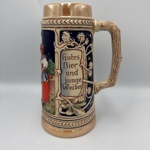 Gerz Beer Stein Germany 0.5L Blue Tan Relief Scene 3233 VTG Stoneware Mug 24oz